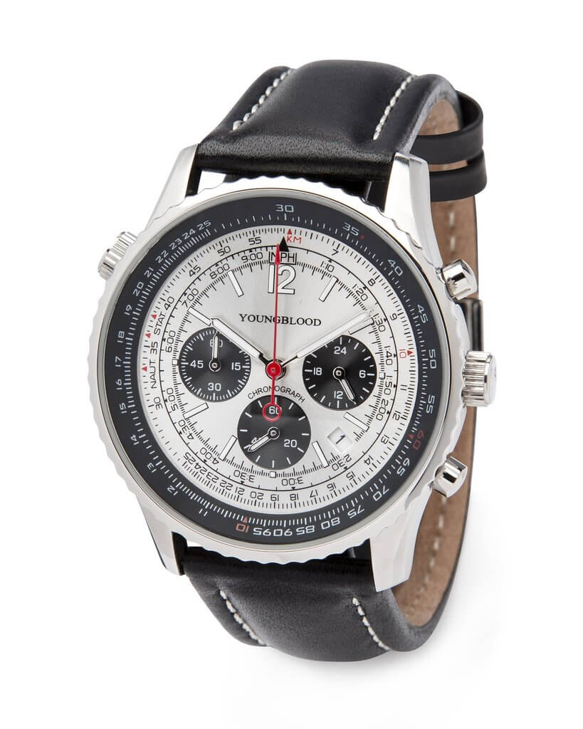Men's Silver Stainless Steel Chronograph Black Leather Band